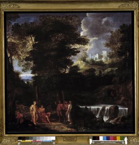 Marsyas spielt Flöte vor Apollo und Midas. Der Satyr trotzt dem Gott Apollo, König der Lyra, vor König Midas und den Musen von Noël Coypel