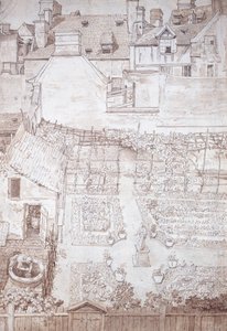 Ein Garten eines Stadthauses, mit Parterres und Weinlaube, umgeben von Gebäuden, um 1677 von Noel Gasselin