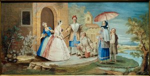 Komödiant und Dramatiker Jean Baptiste Poquelin genannt Molière (ein Knie auf dem Boden) und seine Komödianten in dem Stück „Georges Dandin ou le mari confondu“ 1668 von Noël Coypel