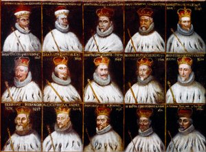Wappen der Republik Genua und Porträts der Dogen. Giovanni Stefano Doria, Francesco Gio. Brignole Sale, Agostino Pallavicini, Giov.Battista Durazzo, Agostino Giovanni De Marini, Giovan Battista Lercari, Luca Giustiniani, Giovanni Battista L von Northern Italian School