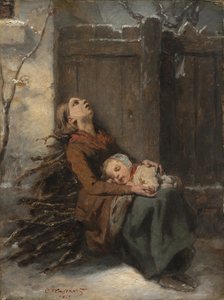 Verarmte tote Mutter hält ihr schlafendes Kind im Winter