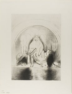 Und ich sah in der rechten Hand dessen, der auf dem Thron saß, ein Buch, beschrieben innen und auf der Rückseite, versiegelt mit sieben Siegeln, Tafel 2 von 12 von Odilon Redon