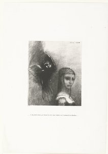Und ein großer Vogel, der vom Himmel herabsteigt, landet auf ihrem Haarkranz von Odilon Redon