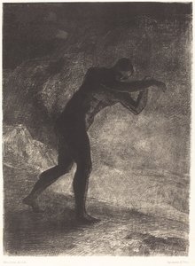 Und der Mensch erschien, den Boden befragend, aus dem er hervorging und der ihn anzieht, bahnte er sich den Weg zu düsterem Licht von Odilon Redon