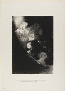 Zuerst ein Wasserbecken, dann eine Prostituierte, die Ecke eines Tempels, das Gesicht eines Soldaten, ein Streitwagen mit zwei steigenden weißen Pferden, Platte 1 aus Die Versuchung des Heiligen Antonius (1. Serie) von Odilon Redon