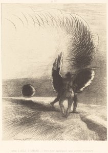 Unter dem Schattenflügel biss die schwarze Kreatur energisch von Odilon Redon