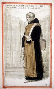 Religiöser Orden: die Hospitalbrüder des Heiligen Johannes von Gott. Gravur aus dem 16. Jahrhundert. Nach O. Fialetti von Odoardo Fialetti