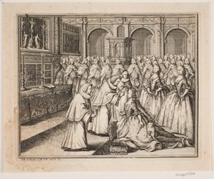 Bischof Hersleb salbt Königin Louise in der Schlosskirche von Frederiksborg. Illustration zur Salbung von Friedrich IV.