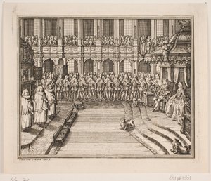 König Frederik V und Königin Louise während der Krönungszeremonie in der Schlosskirche von Frederiksborg. Illustration zur Krönungsakte von Frederik IV von Odvardt Helmoldt de Lode