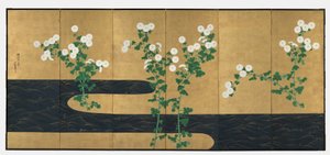 Chrysanthemen an einem Bach, Paar sechsteilige Faltwände, späte 1700er-frühe 1800er von Ogata (follower of) Korin