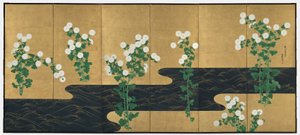 Chrysanthemen an einem Bach, Paar sechsteilige Faltwände, späte 1700er-frühe 1800er von Ogata (follower of) Korin