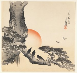 Krähen auf einem Baumstamm, Meiji-Periode