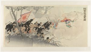 Der sich zurückziehende Feind bei Jinzhou während des Chinesisch-Japanischen Krieges Nisshin sensō Kinshūjō tsuigeki no zu (Titel auf Objekt) von Ogata Gekko