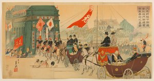 Wahre Darstellung der Menschen, die die Kutsche Seiner Majestät des Kaisers beim Durchfahren des Triumphbogens begrüßen von Ogata Gekko