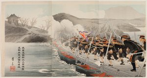 Unsere Armee überquert den Yalu-Fluss auf der Pontonbrücke und treibt die feindlichen Truppen zurück, um schließlich Jiuliancheng zu besetzen von Ogata Gessan