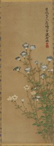 Blaue und weiße Blumen auf schlanken Stielen, Edo-Periode von Ogata Kenzan