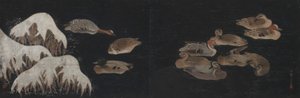 Enten auf einem winterlichen Teich von Ogawa Haritsu