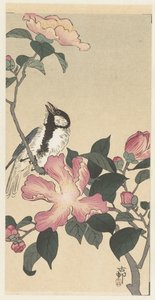 Kohlmeise auf einem Ast mit rosa Blumen von Ohara Koson