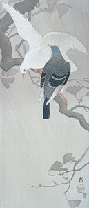 Zwei Tauben im Regen auf einem Ginkgobaumzweig von Ohara Koson
