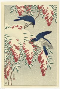 Fliegenfänger auf einem Nandinastrauch von Ohara Koson