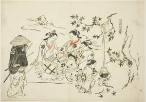 Sake erhitzen mit Ahornblättern (Kanzake momijigari), Nr. 9 aus einer Serie von 12 Drucken, die Parodien von Theaterstücken darstellen