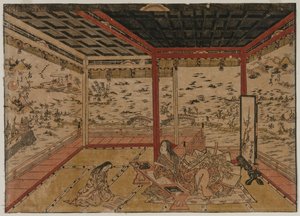 Lady Murasaki in Ishiyama mit Blick auf ein Panorama mit acht Ansichten des Biwa-Sees