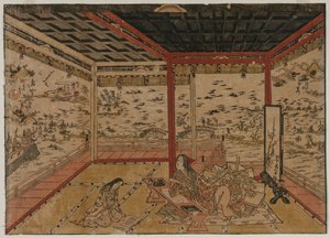 Lady Murasaki in Ishiyama mit Blick auf ein Panorama mit sieben Ansichten des Biwa-Sees, 1740er Jahre