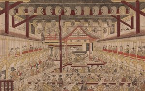 Perspektivische Ansicht des Inneren des Nakamura-Theaters mit Ichikawa Ebizo II als Yanone Goro, 1740