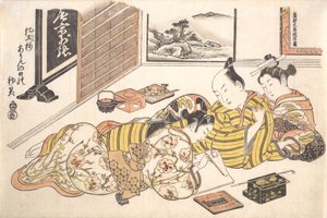 Tafel aus dem erotischen Buch Mounds of Dyed Colors: Ein Musterbuch für das Boudoir, ca. 1736-44 von Okumura Masanobu