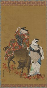 Zwei Kabuki-Schauspieler in den Rollen einer Kurtisane auf einem Wasserbüffel und eines reisenden Priesters, 1686-1764