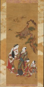 Yukihira und zwei Bräutjungfern in Suma von Okumura Masanobu