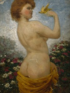 Nackte Frau mit einem Vogel im Grünen von Olaf Isaachsen