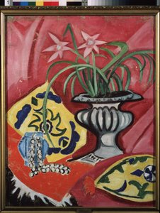 Stillleben mit einer Vase. Gemälde von Olga Rozanova (1886-1918), Öl auf Leinwand von Olga Wladimirowna  Rosanowa