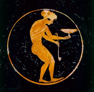 Attische rotfigurige Schale mit nacktem Mädchen mit Schale und Kelle innen, 520 v. Chr.