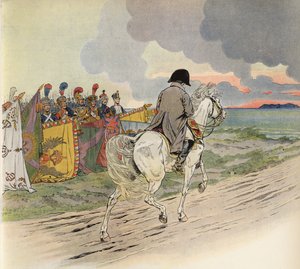 Imaginäres Bild von Napoleon zu Pferd, der den Respekt der Soldaten Europas empfängt von Onfray de Breville Job