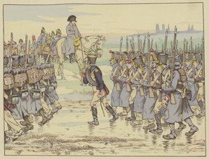 Napoleon beobachtet, wie das letzte Kontingent der Armee in der französischen Kampagne nahe Reims vorbeimarschiert, 16. März 1814 von Onfray de Breville Job