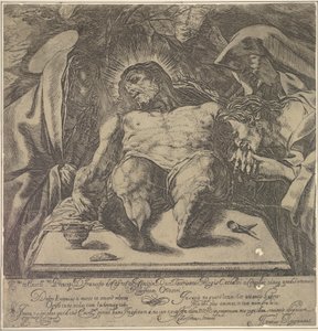 Beweinung Christi durch die drei Marien, ein Salbgefäß auf dem Tisch, 1615 von Orazio Borgianni