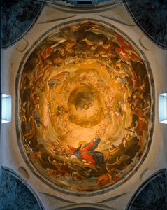 Innenansicht der Kuppel. Fresko, das die Himmelfahrt der Jungfrau Maria darstellt, von Orazio und Girolamo Riminaldi (17. Jahrhundert)