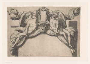Entwurf für eine Türumrahmung mit zwei Genien, die eine Kartusche halten von Orazio de Santis (attributed to)