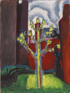 Junger Baum im roten Innenhof von Oscar Bleumner