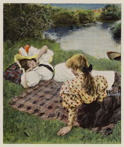 Zwei junge Frauen entspannen sich am Flussufer und sprechen über die Liebe (Farblithografie) von Oscar Bluhm