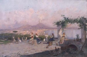 Die Bucht von Neapel mit tanzenden Figuren im Vordergrund von Oscar Ricciardi