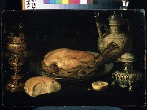 Stillleben mit Huhn, Zitrone, Brot, Silberwaren und Öllampe von Osias the Elder Beert