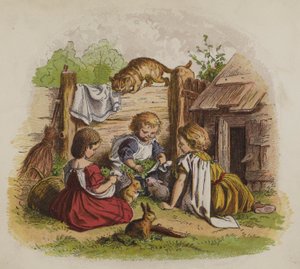 Drei Mädchen spielen mit ihren Haustierkaninchen, beobachtet von einer Katze von Oskar Pletsch