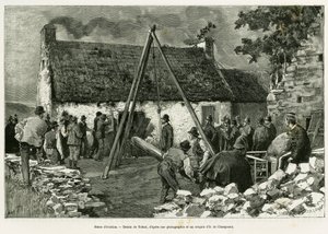 Räumungsszene. Gravur von Tofani zur Illustration der Geschichte Trois mois en Irlande, 1889, von Marie Anne de Bovet, in Le Tour du monde 1890, unter der Leitung von Edouard Charton (1807-1890), Hachette, Paris. von Oswaldo Tofani