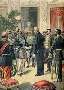 Interview zwischen Félix Faure und dem russischen Botschafter Lev Ouroussoff, Paris 1898 (Gravur) von Oswaldo Tofani