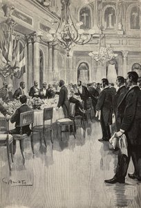 Italienische Diplomaten stoßen zusammen an, Paris, Frankreich, Gravur nach einer Zeichnung von Gennaro Amato, nach einer Skizze von Osvaldo Tofani, aus L