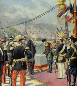 Nicolas II. legt den Grundstein der Alexandre-III-Brücke, in Anwesenheit von Felix Faure, Paris 1896 (Gravur) von Oswaldo Tofani