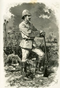 Porträt von Dr. Emile Holub in einem Expeditionsanzug, Gravur von Tofani zur Illustration der Geschichte „Au pays des Marutses“ in den Jahren 1875-1879 von Dr. Emile Holub (1847-1902). Veröffentlicht in der Tour du monde, 2. Semester 1883, herausgegeben vo