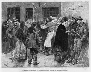 Samstagabend in Dublin. Gravur von Tofani, zur Illustration der Geschichte Trois mois en Irlande, 1889, von Marie Anne de Bovet, in Le tour du monde 1890, unter der Leitung von Edouard Charton (1807-1890), Hachette, Paris